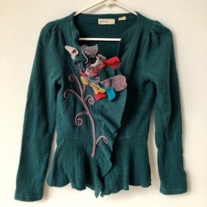 Anthropology Blue Green sweater Jacket w/ flower